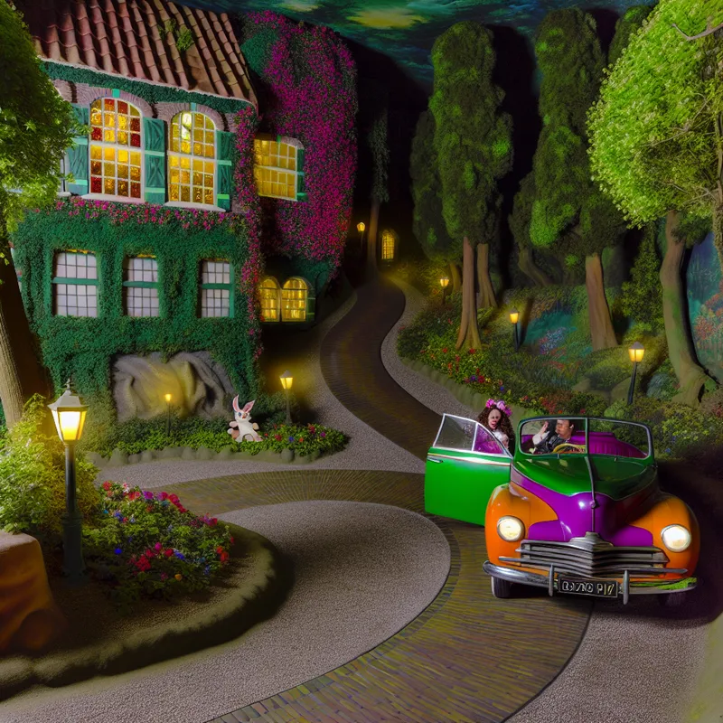 Een vrouw in een vintage auto rijdt een kronkelige oprit op naar een sprookjesachtig huis, omringd door groene bomen en kleurrijke bloemen.