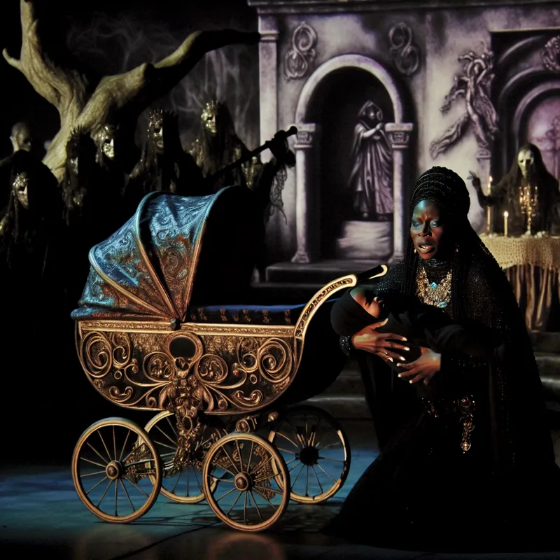 Een vrouw tilt haar baby voorzichtig uit een kinderwagen in een donkere, symbolische omgeving met gotische elementen.