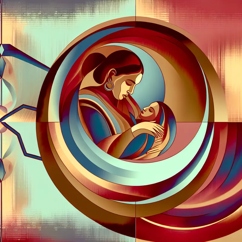 Een vrouw in concentratie tijdens bevalling met geometrische vormen die de kracht van samentrekkingen weergeven.