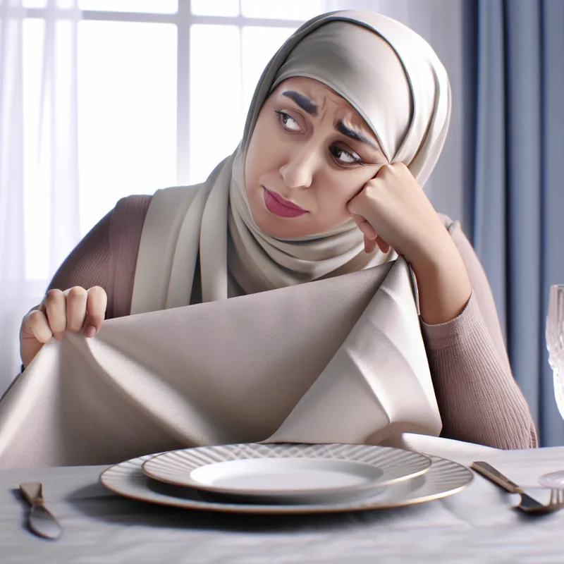 Vrouw aan een sfeervolle eettafel met een klein probleem, een kreuk in de tafellaken.