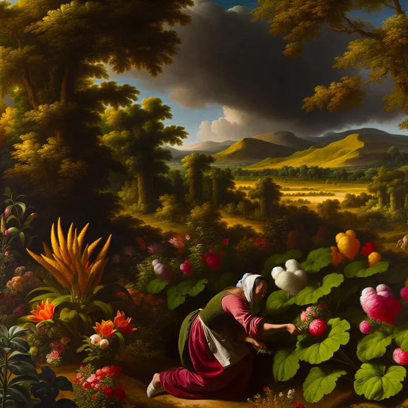 Een vrouw die vrolijk bloemen verzorgt in een weelderige tuin met groene heuvels op de achtergrond.