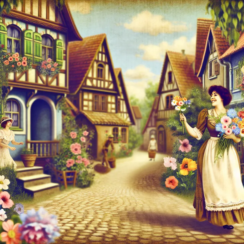 Vrouw in een vintage dorp met een boeket bloemen, onderweg naar haar moeders huis