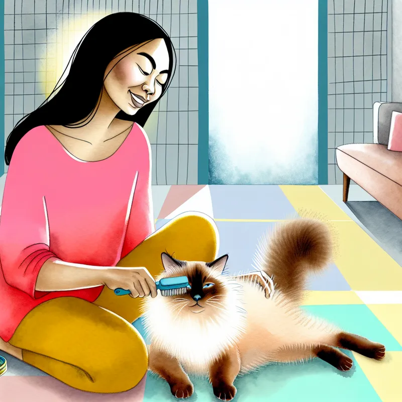 Vrouw borstelt de vacht van haar ontspannen kat in een gezellige woonkamer