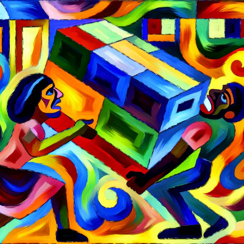 Een vrouw helpt haar buurman met het tillen van zware dozen; kleurrijke abstracte achtergrond