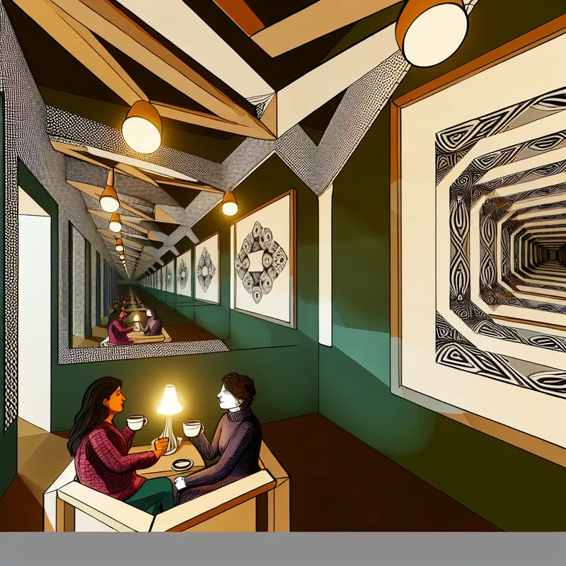 Een vrouw varieert in een oneindige gang terwijl ze koffie drinkt met haar buurvrouw in een surrealistisch Escher-achtige omgeving.