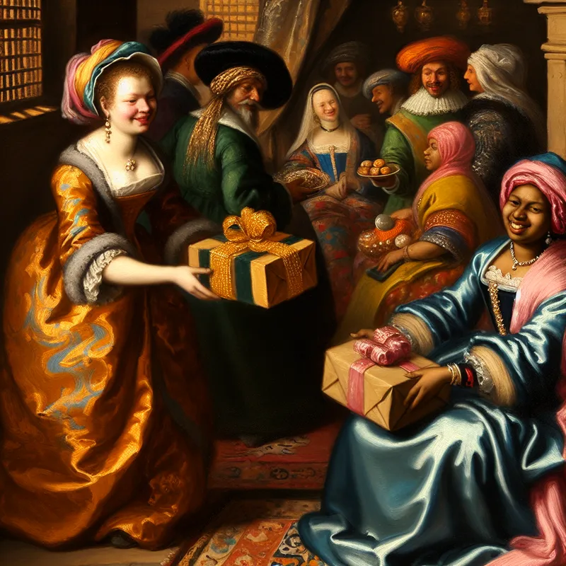 Een vrouw in 17e-eeuwse kleding biedt een prachtig ingepakt cadeau aan een glimlachende gast in een warme en uitnodigende kamer.