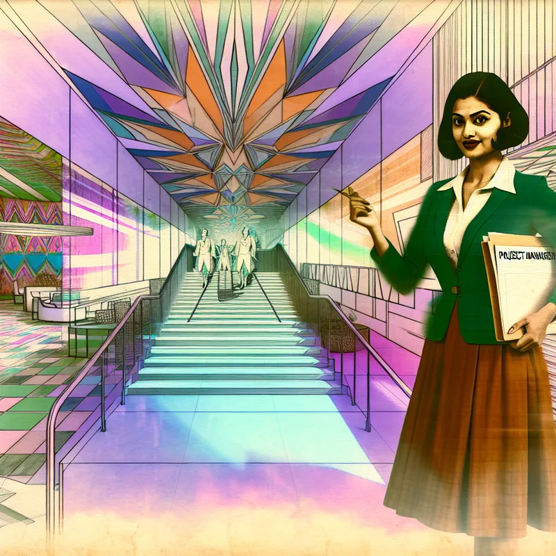 Vrouw in zakelijke kleding staat vastberaden op een trap naar een futuristisch kantoor