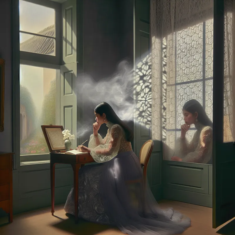 Een vrouw zit aan een bureau en schrijft in een dagboek, omgeven door zachte kleuren en delicate patronen, met licht dat door een kanten raam valt.