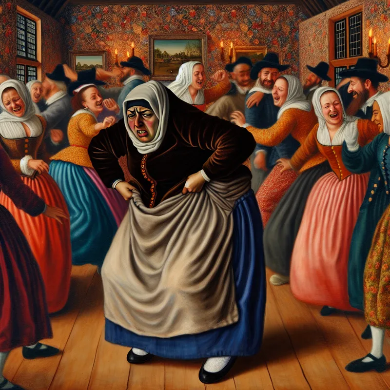 Een vrouw met een gefrustreerde uitdrukking danst op een feestje in een strakke jas, omringd door blije dansers.