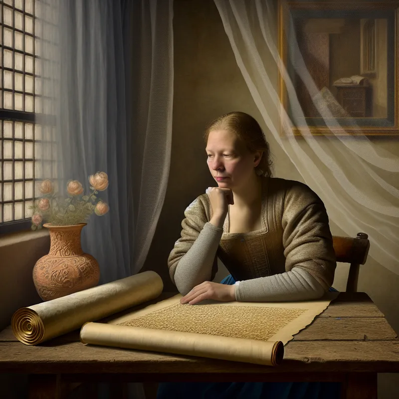 Een vrouw zit denkend aan een houten tafel met delicate gordijnen om haar heen, verlicht door zacht licht. Voor haar ligt een rijkelijk gevormde rol met ingewikkelde ontwerpen.