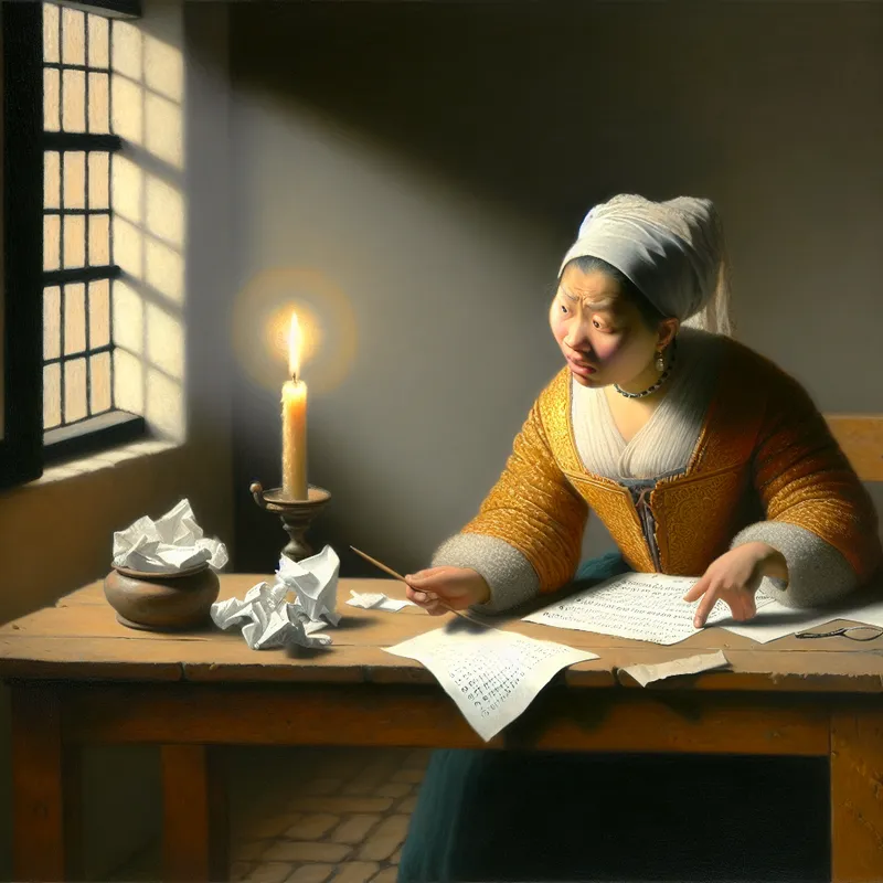 Een vrouw zittend aan een houten tafel met verspreide documenten en een brandende kaars, zichtbaar verward over een document met foutieve cijfers.