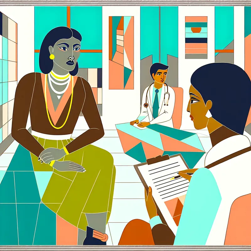 Vrouw in een retro-futuristische dokterspraktijk deelt haar medische zorgen mee aan de arts, terwijl ze een rapport vasthoudt.