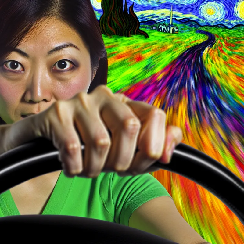 Dichtbijopname van een vrouw die geconcentreerd een stuurwiel vasthoudt terwijl ze een scherpe bocht neemt.