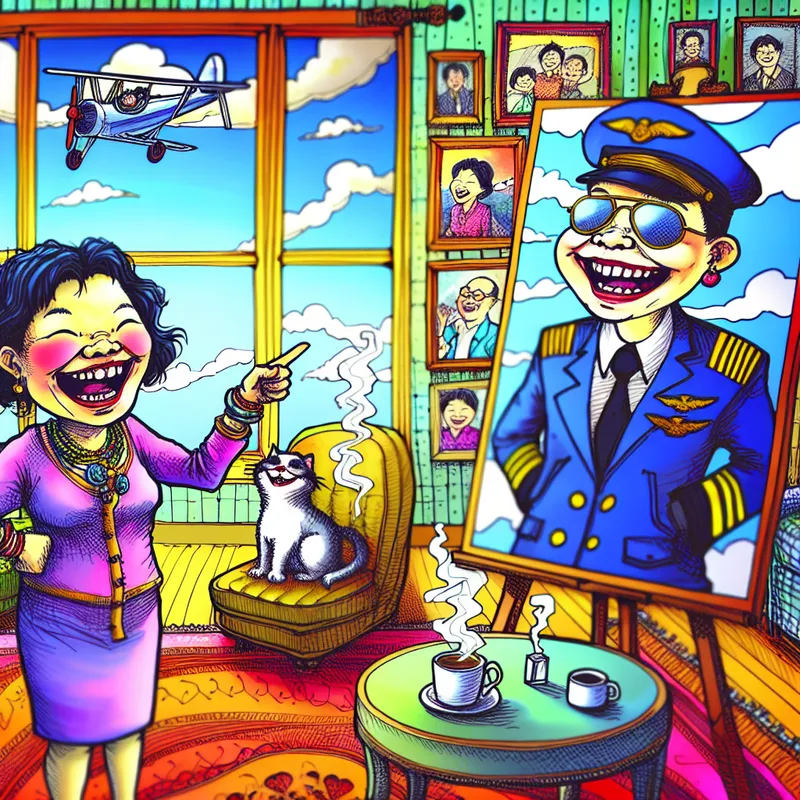 Vrolijke vrouw in een gezellige woonkamer die enthousiast over haar echtgenoot spreekt, afgebeeld als een piloot in een cartoonstijl.