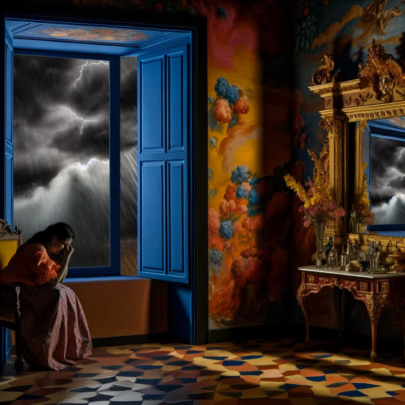 Een vrouw zit alleen in een dim verlichte kamer, met haar hoofd gebogen en tranen die over haar gezicht lopen.