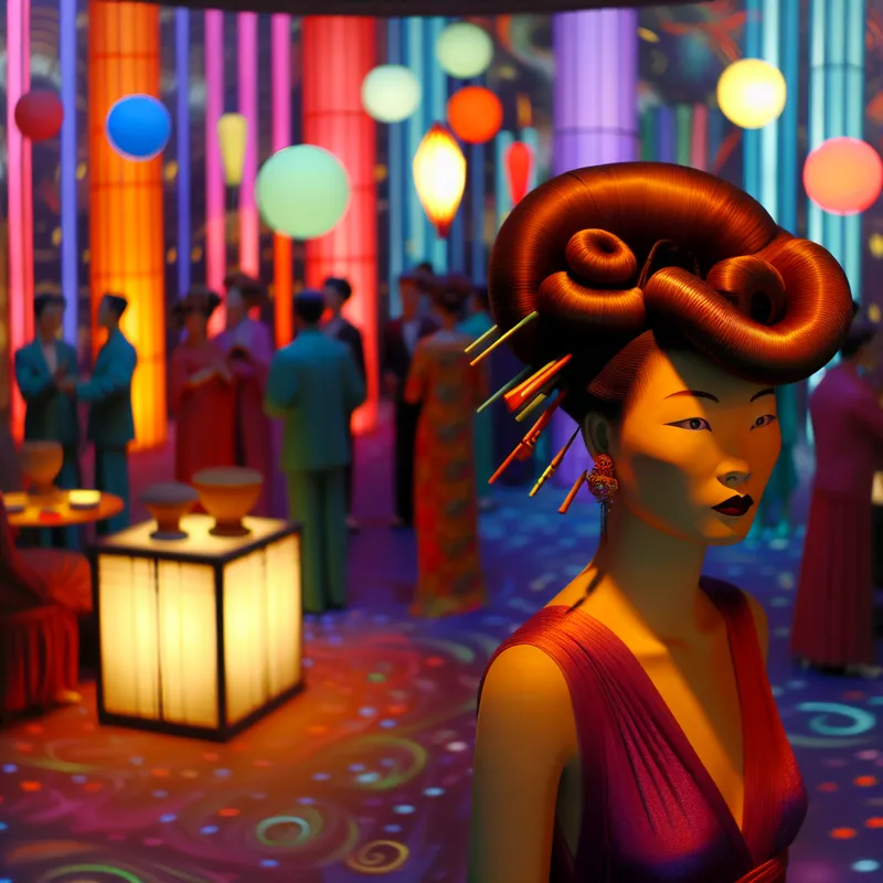 Vrouw op een feest met een elegante en gedetailleerde haarstijl, omringd door ballonnen en sfeerverlichting.