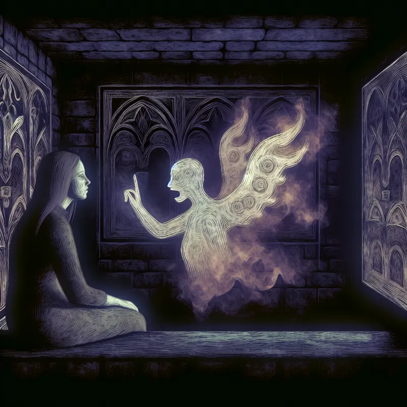 Een vrouw in een schemerige kamer in gesprek met geestelijke verschijningen die haar verdriet en emotionele wonden symboliseren.