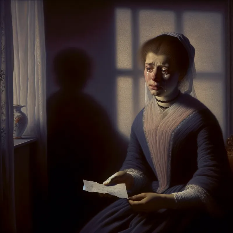 Een vrouw in een zacht verlichte kamer, alleen en verdrietig, met een brief in haar hand en tranen in haar ogen. De ruimte is elegant ingericht en geeft een gevoel van kwetsbaarheid.