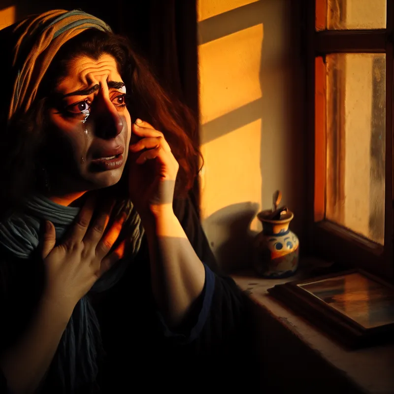 Een vrouw met tranen in haar ogen, zittend bij een raam en terugdenkend aan een bittersweet herinnering.