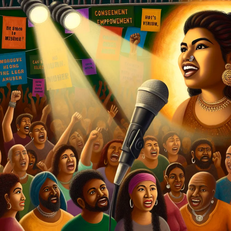 Vrouw zingt vol zelfvertrouwen in een levendige muzikale omgeving, omringd door een juichende menigte.