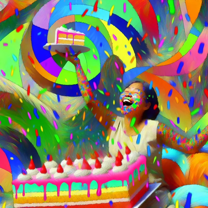 Vrouw geniet van een enorme taart terwijl ze een rommel maakt met kleurrijke frosting en sprinkles.