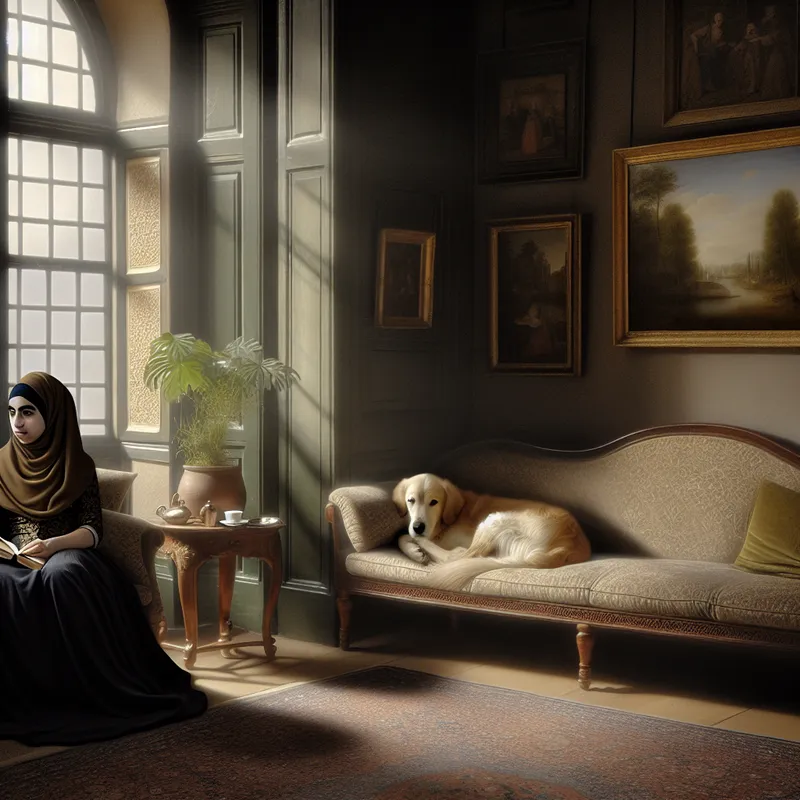 Een jonge vrouw ontspannen op een comfortabele bank met een boek in de hand en een golden retriever aan haar voeten in een warm verlichte ruimte.