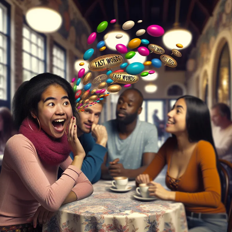 Een jonge vrouw met een blije uitdrukking, zit aan een tafel in een café terwijl ze enthousiast praat met vrienden. Haar woorden lijken om haar heen te zweven, wat het idee van 'snelle woorden' visueel weergeeft.