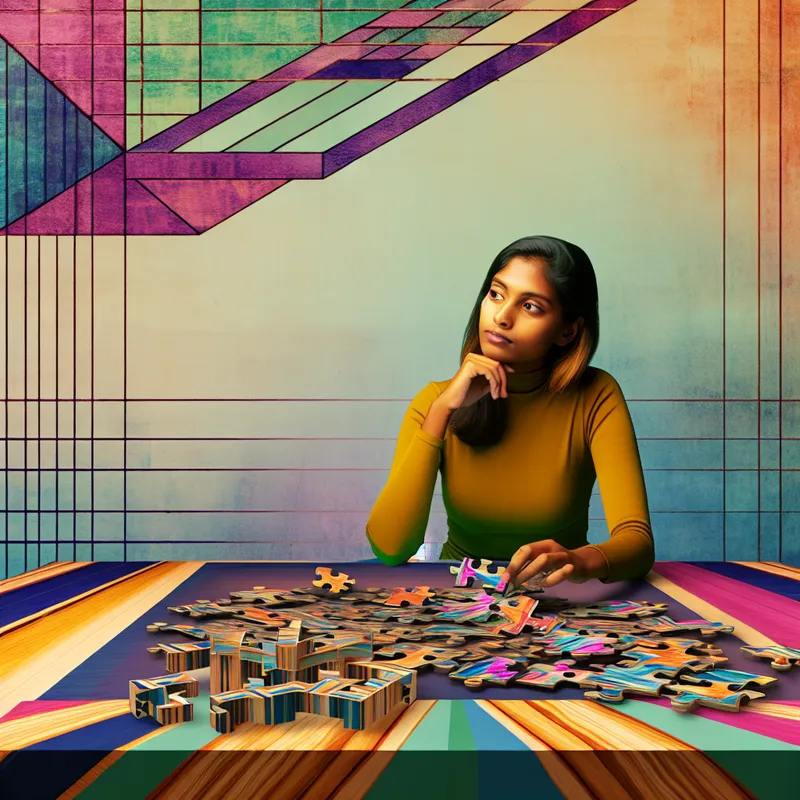 Een jonge vrouw die zorgvuldig een complexe puzzel bekijkt op een modern geometrisch vormgegeven tafel.