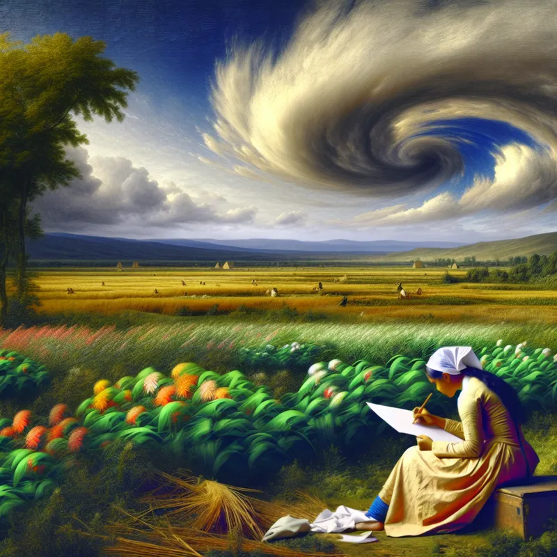 Jonge vrouw die examenoefeningen uitvoert in een weelderig landschap met heuvels en een dramatische lucht