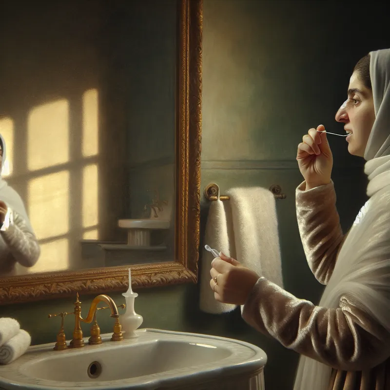 Vrouw die vredig haar tanden flost voor een vintage spiegel in een sfeervolle badkamer