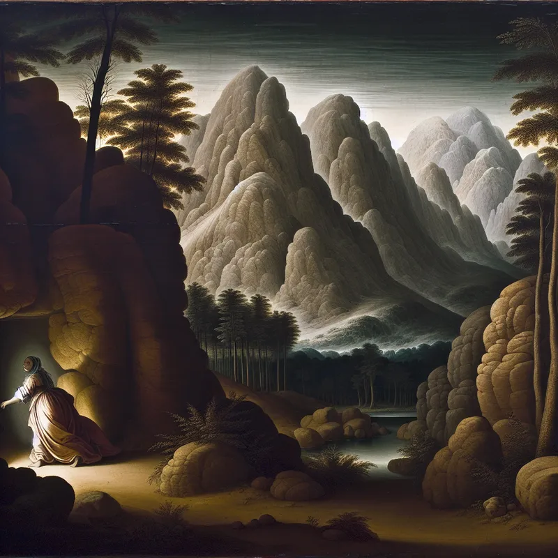 Een vrouw die zich haast naar een serene berglandschap, omringd door majestueuze bergen, met zachte luchtverlichting.