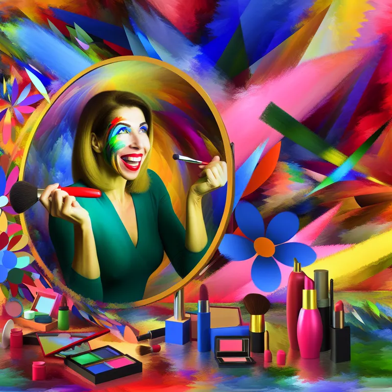 Een vrouw die zich voorbereidt op een fotoshoot, terwijl ze kleurrijke make-up aanbrengt voor de spiegel.