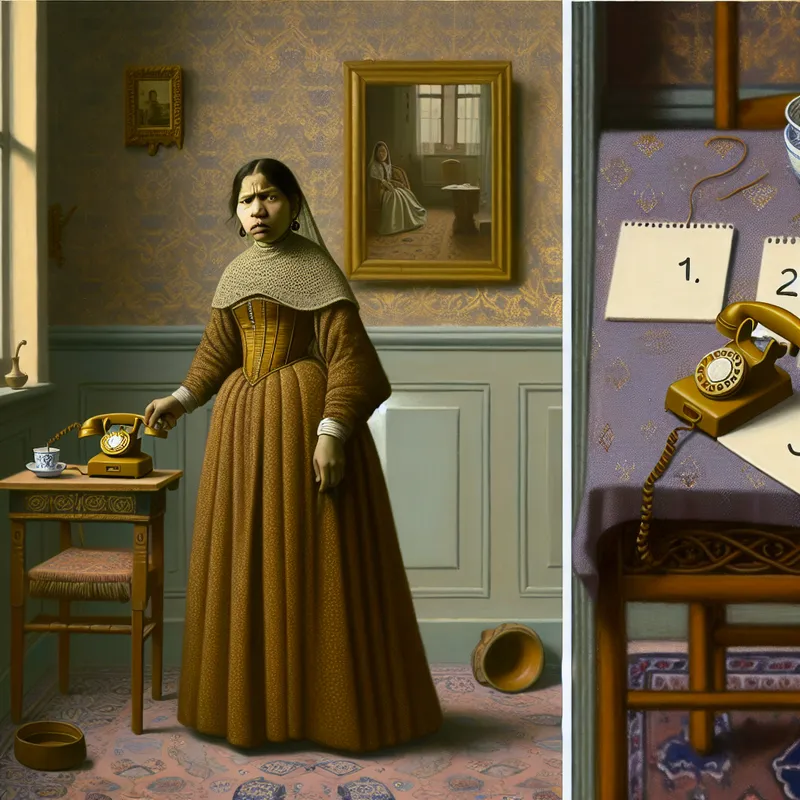 Een gefrustreerde vrouw staat naast een vintage telefoon in een elegant ingerichte kamer, met een open notepad waarin '1, 2, 3' is geschreven.