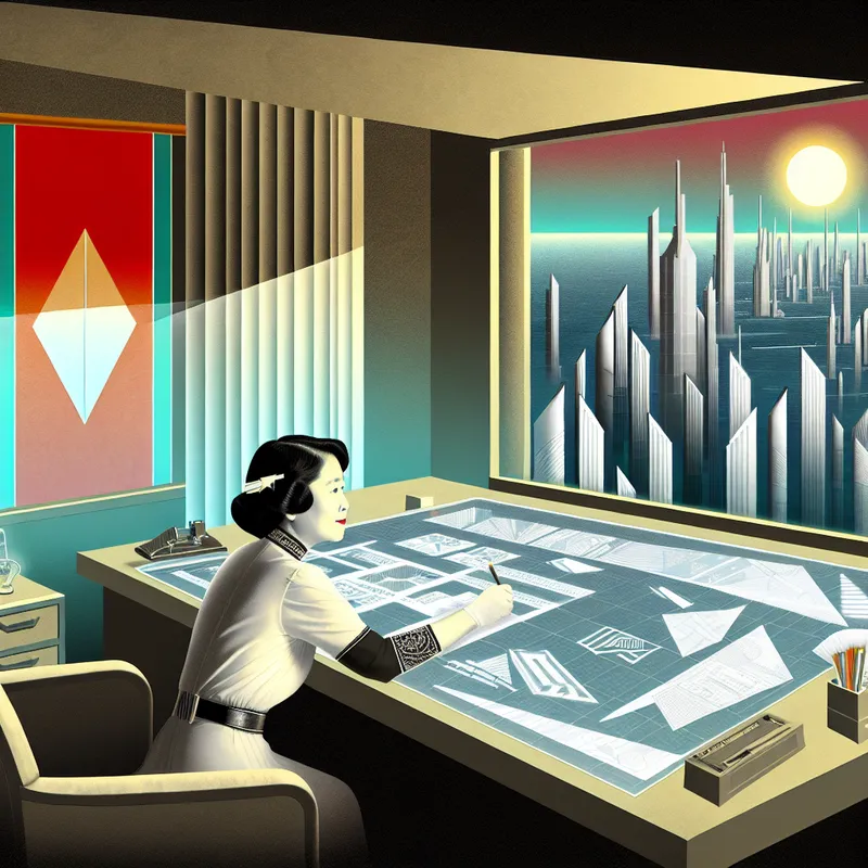 Vrouw aan het werken aan futuristische ontwerpen in retro-futuristische kamer met zicht op stad