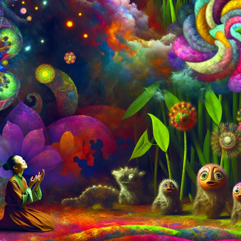 Een vrouw knielt in een levensechte tuin en bidt om succes met kleurrijke wolken om haar heen.