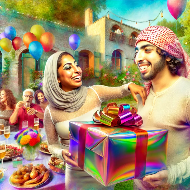 Een vrouw die met een blije glimlach een prachtig verpakt verjaardagscadeau overhandigt aan haar vriend op een tuinfeest, omgeven door kleurrijke bloemen en ballonnen.