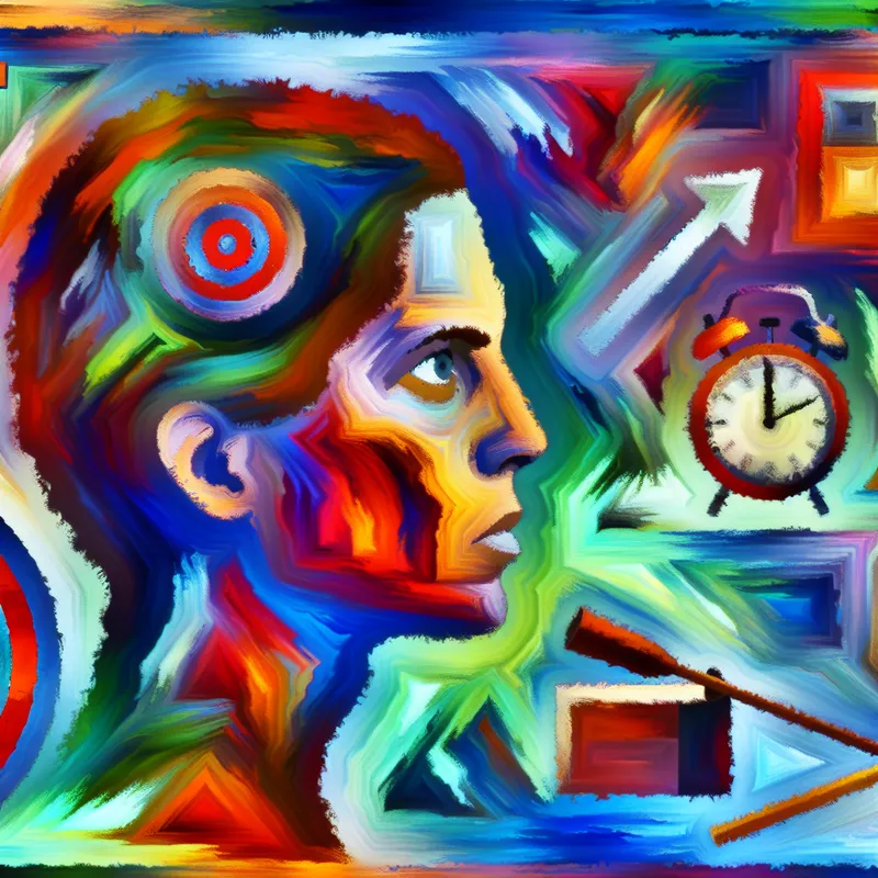 Abstracte afbeelding van een vrouw die gefocust is op haar doelen, omringd door kleurrijke vormen die boeken, een doel en een klok symboliseren.