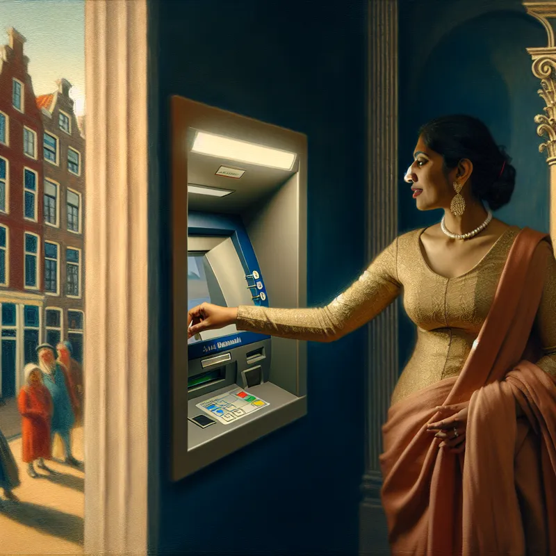 Een elegant geklede vrouw gebruikt een geldautomaat in een moderne stad, omgeven door architecturale details.