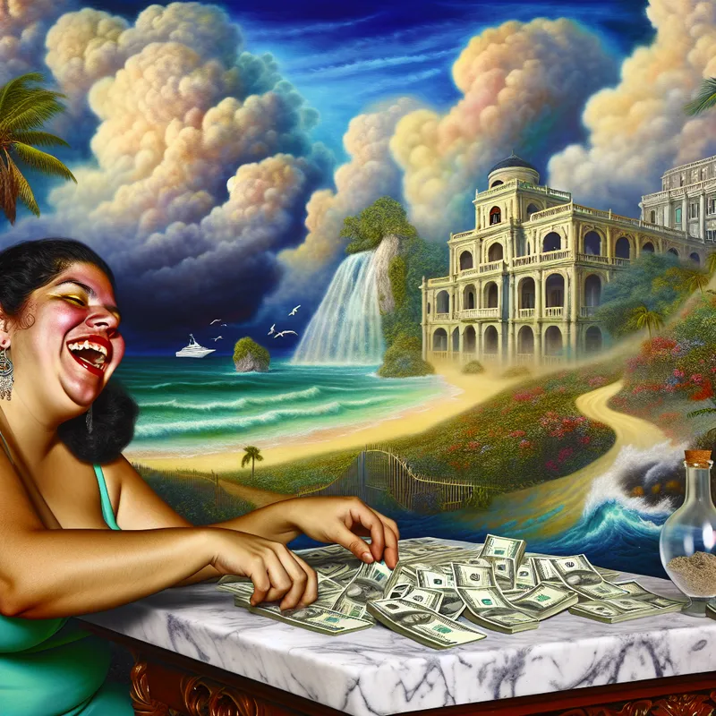 Een vrouw die blij geld telt op een marmeren tafel, met op de achtergrond een tropisch strand, wat geluk en een loterijwinst symboliseert.