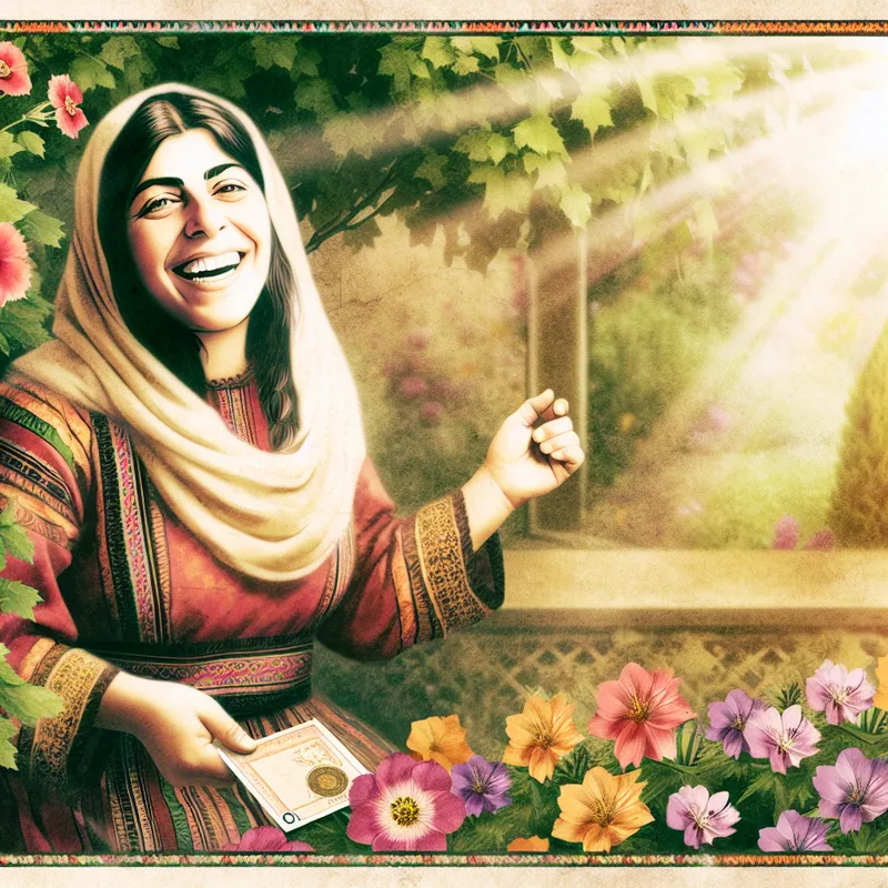 Vrouw met een stralende glimlach, omringd door bloemen in een vintage tuin, terwijl ze een werk aanbieding vasthoudt.