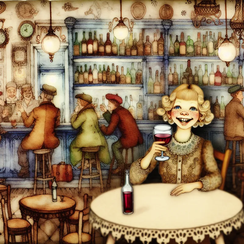 Vrouw geniet van een glas wijn in een vintage bar met sfeervolle verlichting en charmante decoraties.