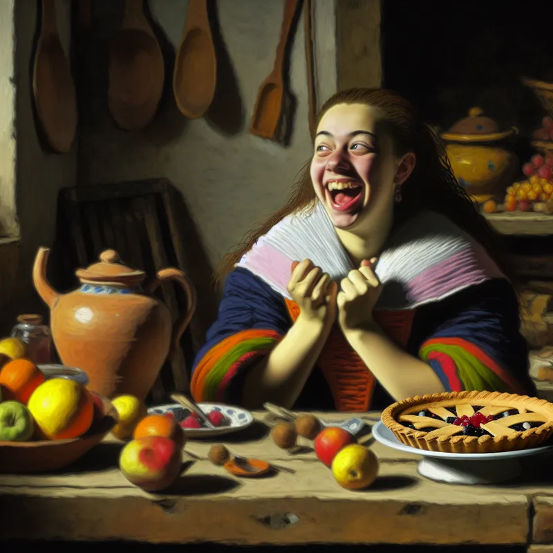 Een blije jonge vrouw zit aan een rustieke houten tafel, omringd door vers fruit en een halve taart, genietend van een overvloedige maaltijd.