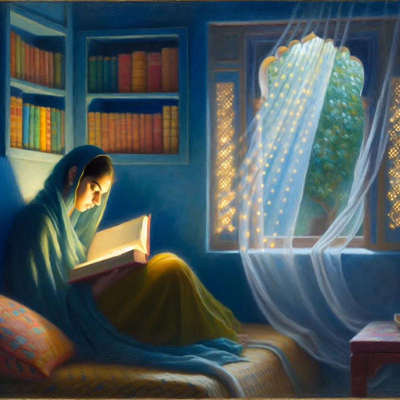 Vrouw zit vredig in een leeshoek en leest een boek, omringd door kleurrijke boeken en een warm interieur