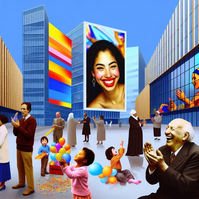 Vrouw die glimlacht in een moderne architectonische omgeving met een grote billboard dat 'Good News' toont, omringd door feestvierende mensen met ballonnen.