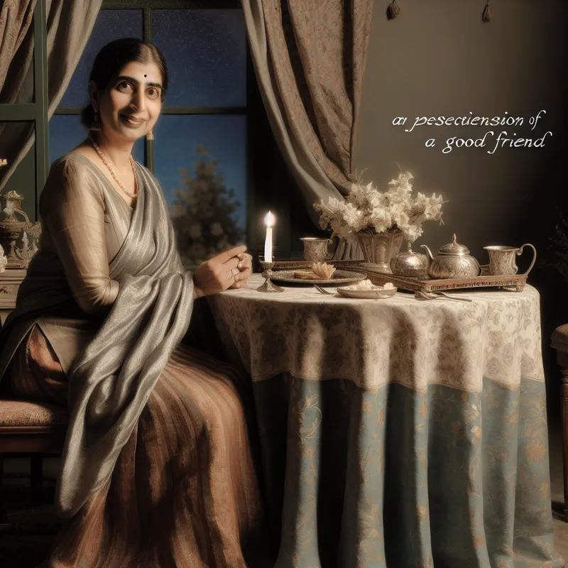 Vrouw in elegante kleding aan een tafel, symboliserend de kwaliteiten van een goede vriend