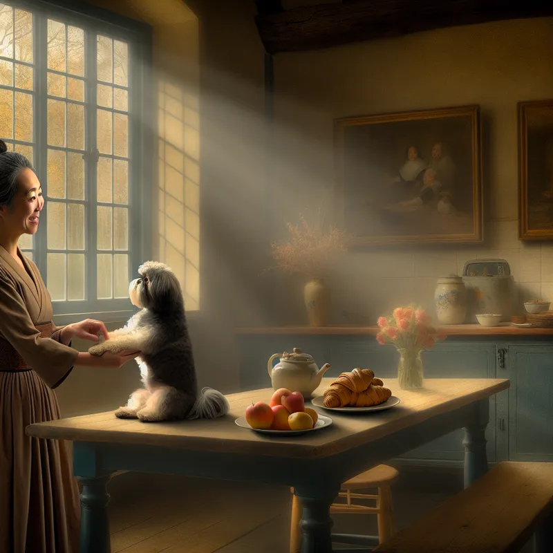 Een vrouw in een gezellige keuken zegt 'goedemorgen, ochtendje' tegen haar kleine hond.