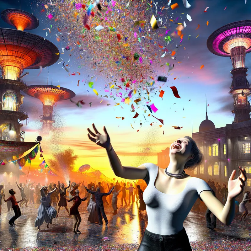 Vrouw die vrolijk confetti in de lucht gooit tijdens een feestelijke bijeenkomst, met een surrealistische skyline op de achtergrond.