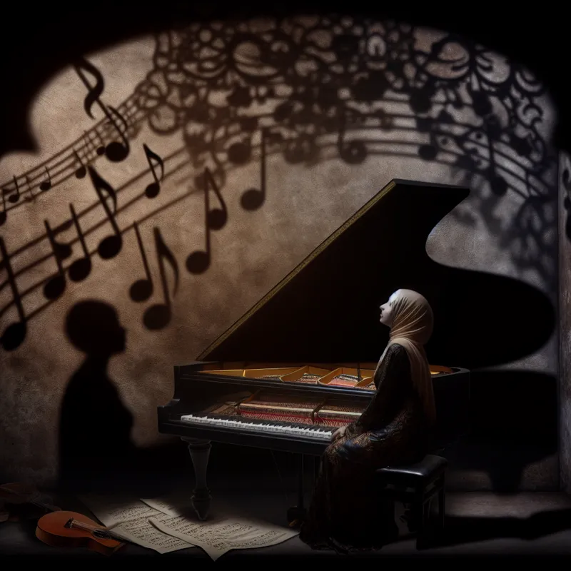 Een vrouw met een etherische aura zit bij een grand piano in een sfeervol verlichte kamer, omringd door muziekinstrumenten en schaduwachtige muzikale noten.