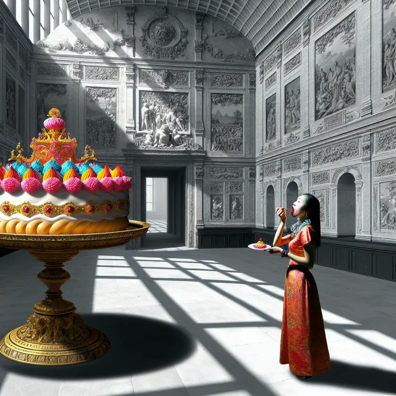 Een vrouw neemt kleine hapjes van een versierd heel hoog taart in een weelderige kamer met monumentale muren en zonlicht dat dramatische schaduwen werpt.