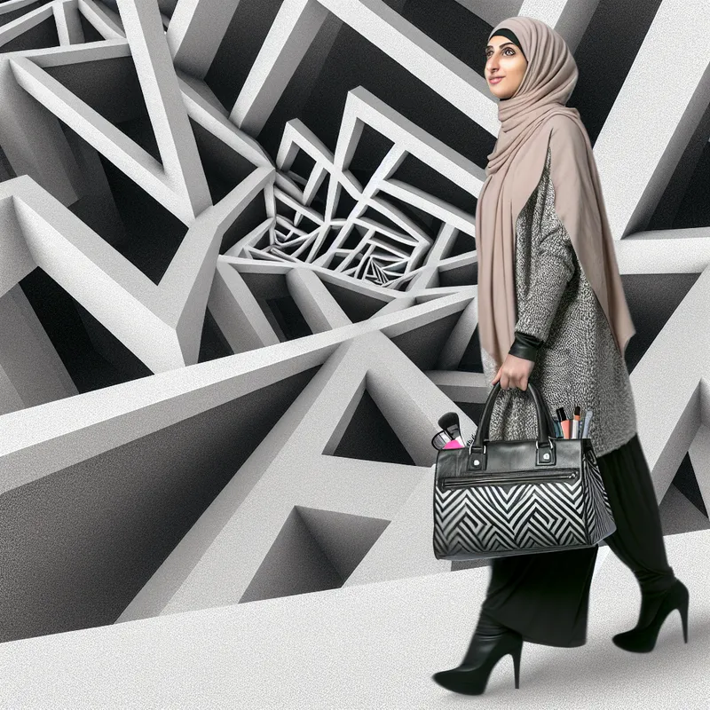 Een vrouw met een stijlvolle handtas vol dagelijkse benodigdheden zoals make-up, in een complexe stedelijke omgeving met geometrische patronen.